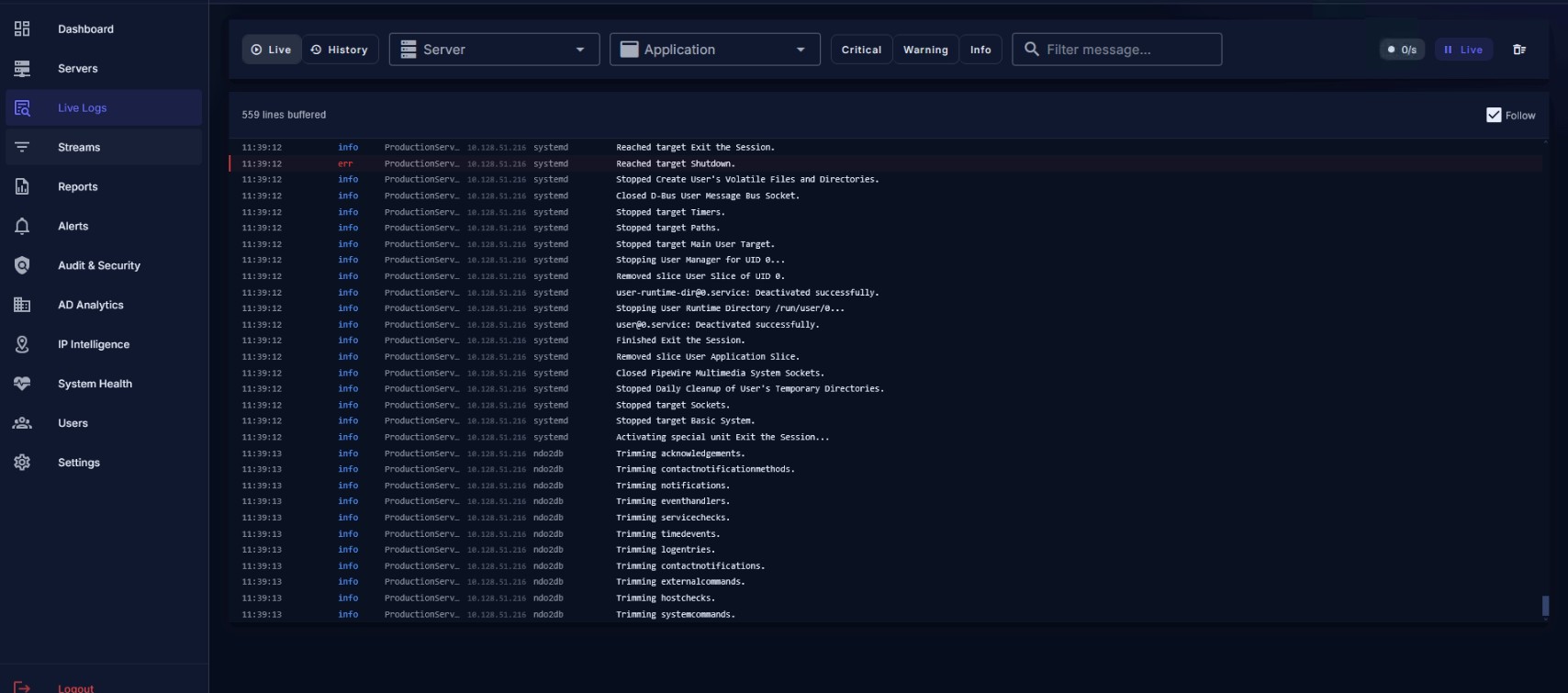 Live Logs view with filtering by server, application, and severity